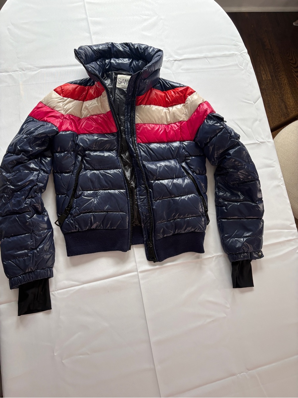 SAM. Navy Puffer Jacket with Red, Pink and Cream Stripes